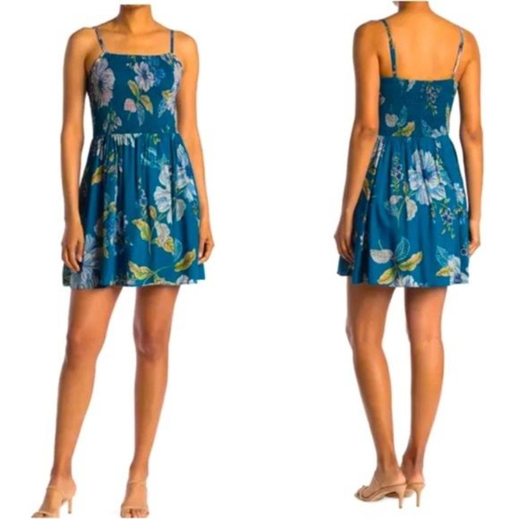 Blue Floral Smocked Boho Skater Mini Dress - Picture 2 of 2